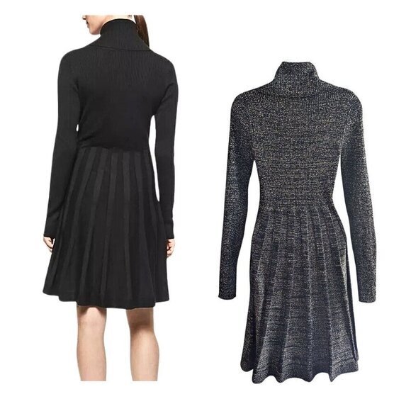 CALVIN KLEIN Black Gold Metallic Cowl Neck LS Fit & Flare Sweater Dress Size M - Picture 7 of 9